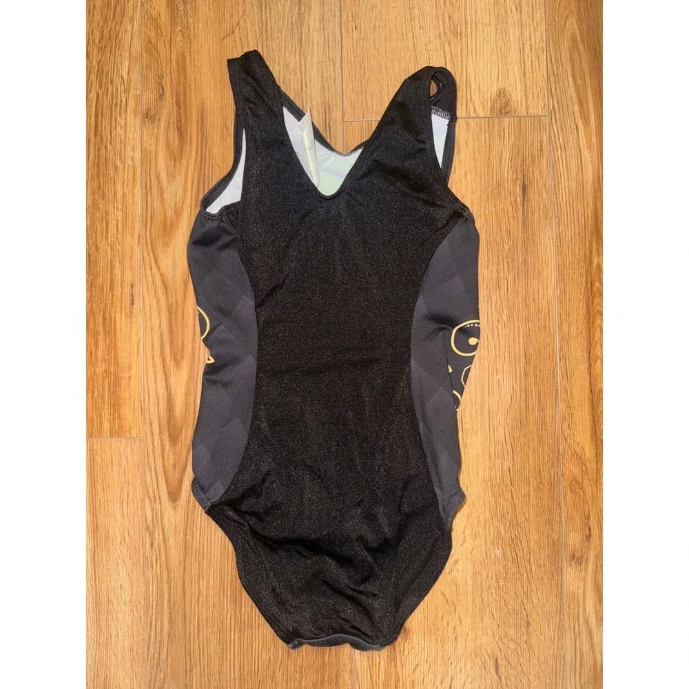 GK Elite Simone Biles Gymnastics Leotard Black Gold Mandala Rhinestone Kids CM